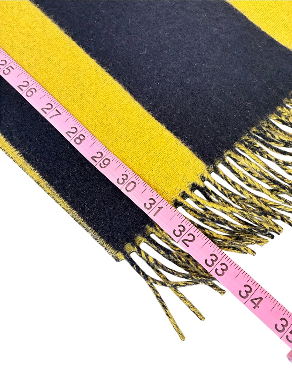 Nautica 100% Lambswool Scarf Navy Blue Yellow Striped Fringed 66” X 11.6 Inches - Picture 4 of 5